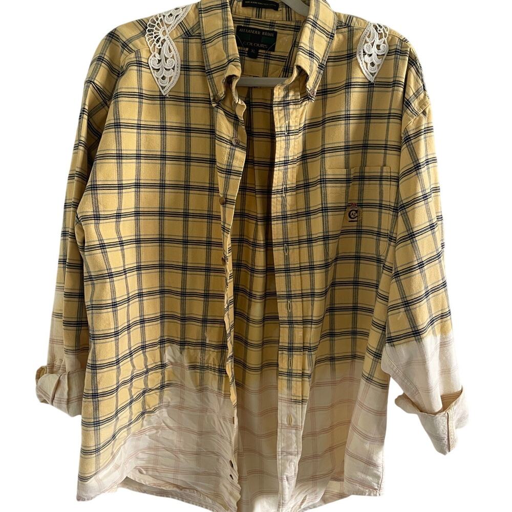 Vintage Alexander Julian Plaid Lace Upcycled Shirt XL Boho Cottagecore - Picture 2 of 10